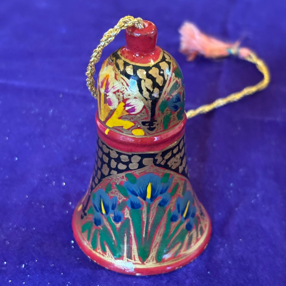 Vintage Kashmiri Hand Painted Papier Mache Floral Bell Ornament Multicolor - Picture 10 of 10